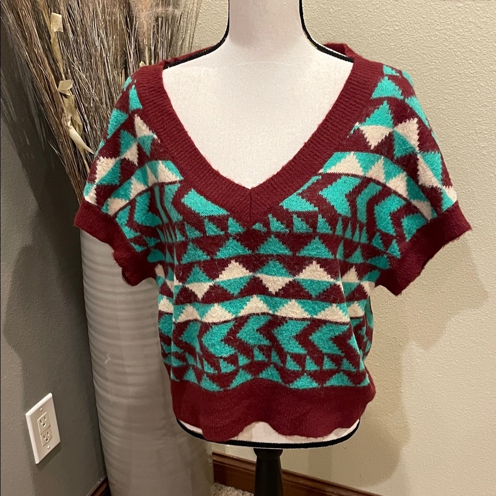 Free People Through The Motions Vest Green & Burgundy Brown Oversized Size Small - Picture 2 of 8